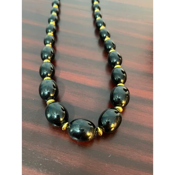 VTG Napier Necklace Chunky Black Beaded Gold Tone Spacers 28" - Picture 2 of 5